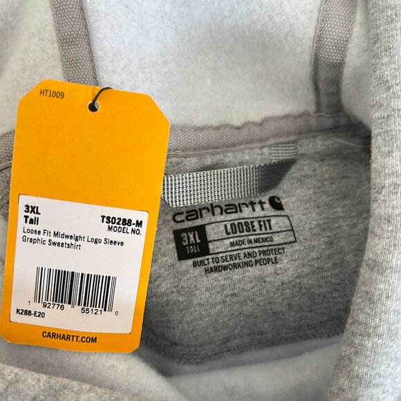 Carhartt‎ Gray Hoodie NWT Sz 3XL Loose Fit Pullover Sweatshirt Logo Sleeve - Picture 4 of 5
